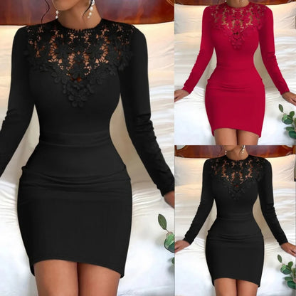 Autumn Winter Sexy Lace Patchwork Round Neck Bodycon Mini Dress Women Fashion Black Long Sleeve Elegant Office Lady Slim Dresses