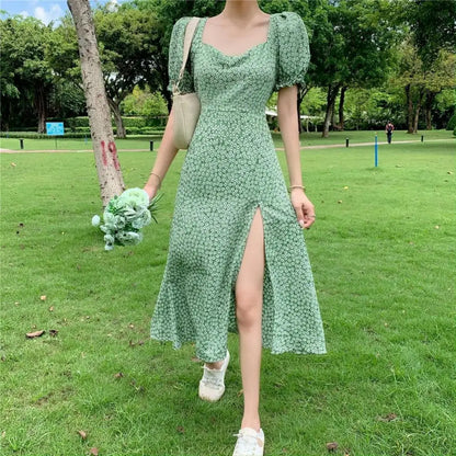 Women Summer Dress Bubble Sleeves High Split Loose Hem Square Neck Flower Print Shirring Tight Waist Midi Dress Female Clothes