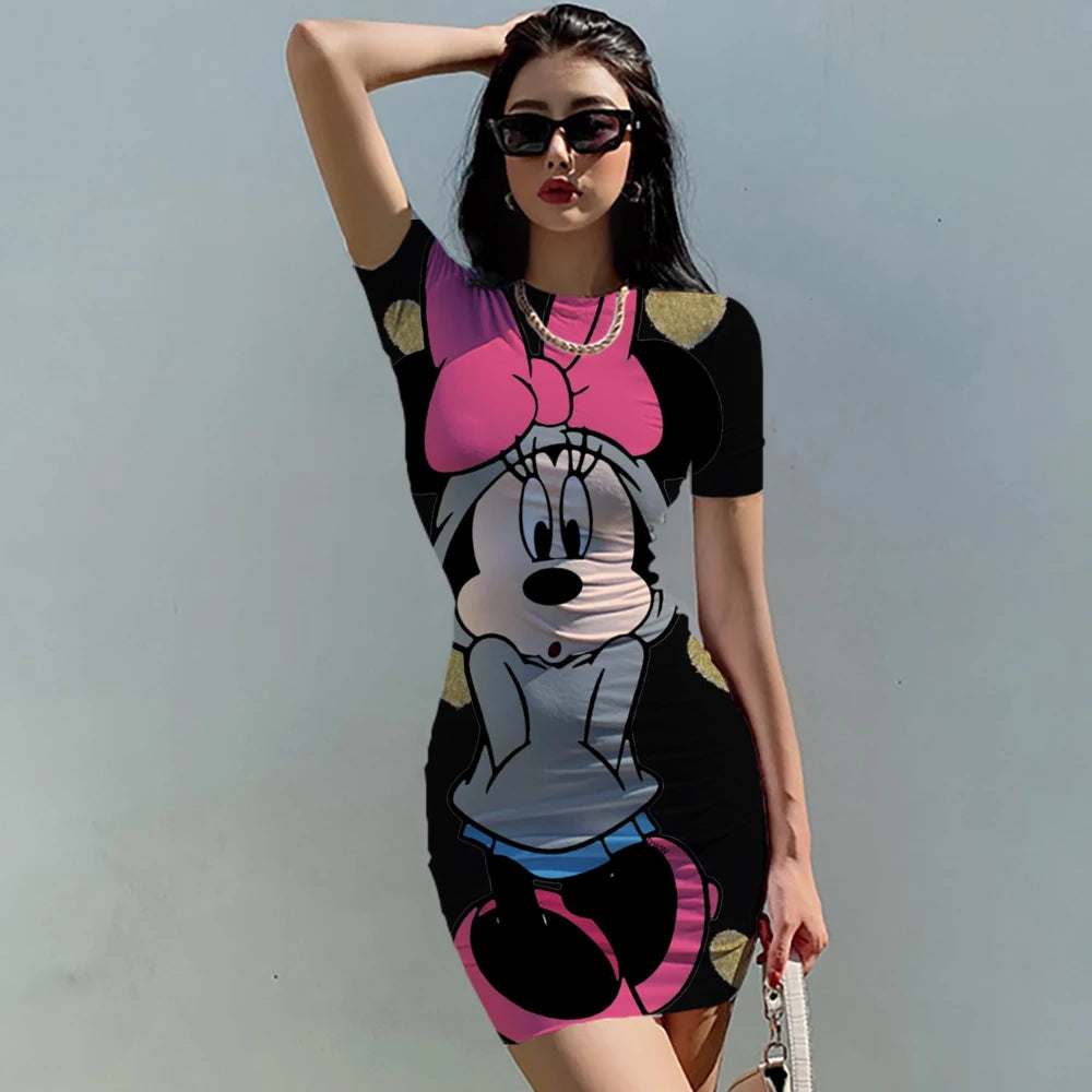 Disney Minnie Mickey Mouse Women's Summer Mini Party Dress 2022 Slim Hip Sexy Tight Y2K Short Sleeve Round neck Dresses Clothes