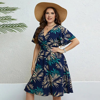 Sexy V-neck Plus Size Dress Elegant Leaf Print Maxi Dress for Women Comfortable V-neck Summer Dress with Elastic for Outdoor