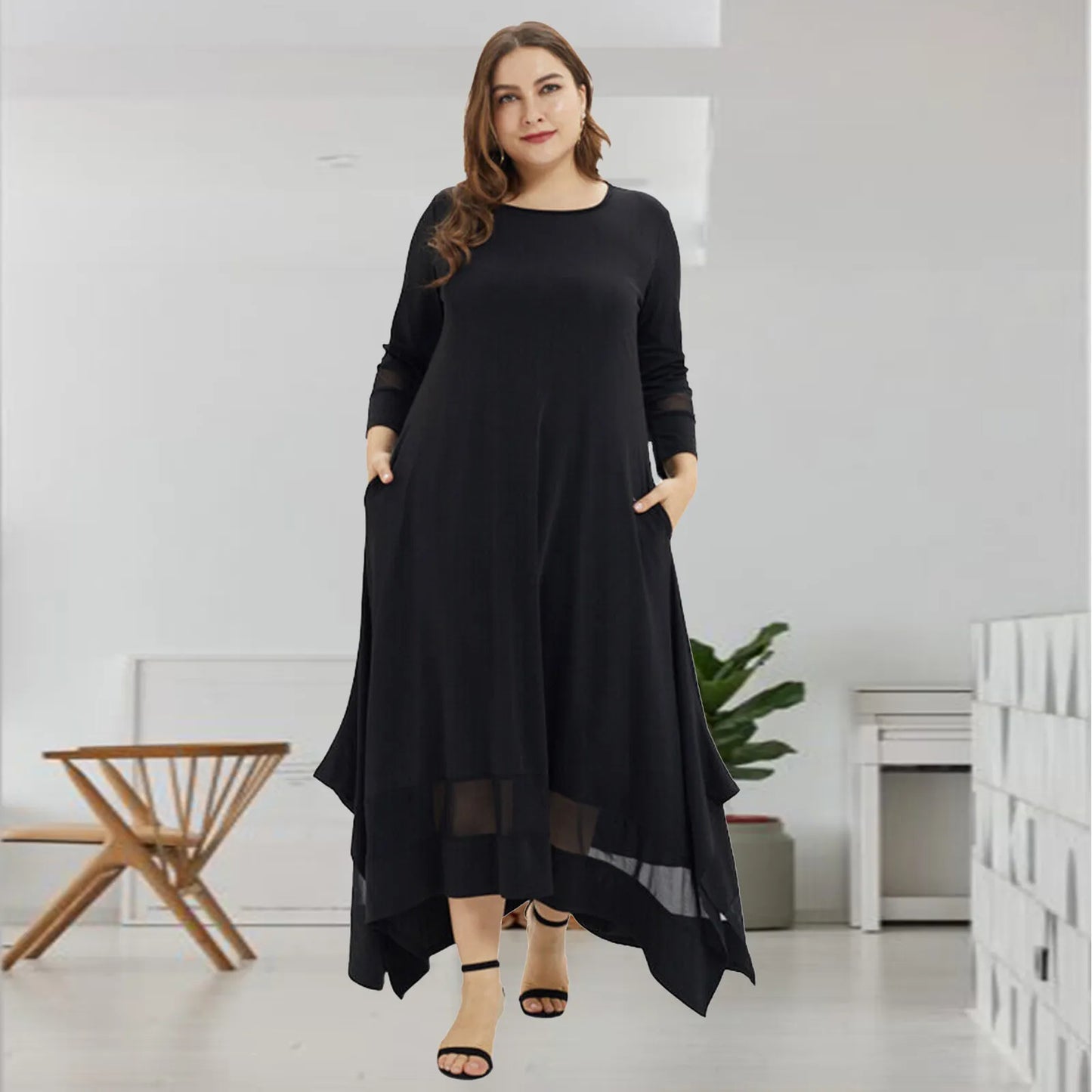 Women Fashion Solid Plus Size Maxi Dress O Neckline Perspective Long Sleeve Loose Black