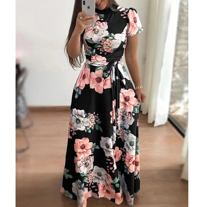 Women's Summer Long Super Long Dress 2023 Casual Short Sleeve Flower Print Dresses Casual High Collar Bandage Vestidos S-5XL