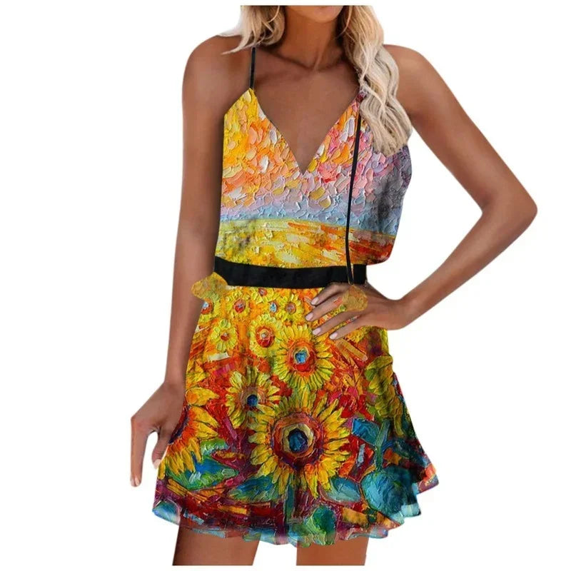 Summer Elegant Women Dress Casual Beach Boho V-neck Printed Sleeveless Ruffled Suspender 2023 Plus Size Ladies Dresses Vestidos