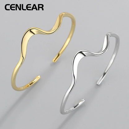 CENLEAR 925 Sterling Silver Simple Wave Bracelet for Women's Fashion Versatile 18K Gold Plated Open Bracelet