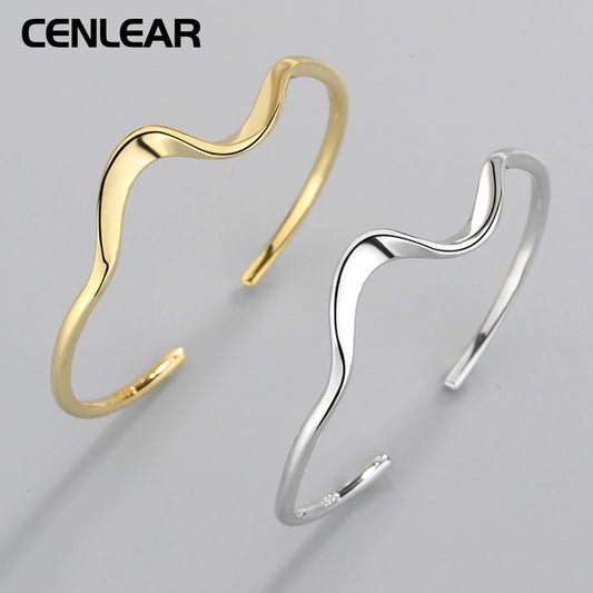 CENLEAR 925 Sterling Silver Simple Wave Bracelet for Women's Fashion Versatile 18K Gold Plated Open Bracelet
