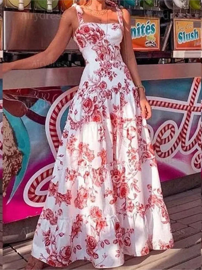 Long Dresses For Women Flower Printed Spaghetti Strap High Waist Large Skirt Hem Ladies Maxi Dress 2023 Summer Boho Beach Party