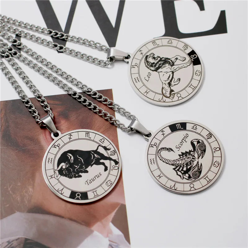 12 Constellation Necklace Gothic Zodiac Sign Pendant Leo Virgo Libra Scorpio Capricorn Jewelry for Men Women