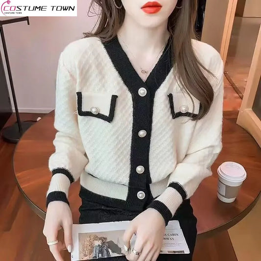 Cardigan Sweater Women's 2023 Spring and Autumn New Style Small Fragrant V-neck Coat Short Western-style Bottom Shirt Top