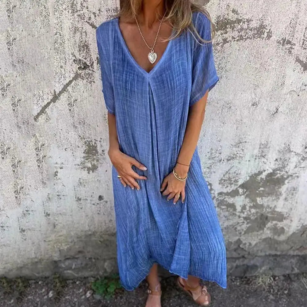 Women Dress Bohemian Style V Neck Midi Dress for Women Soft Breathable Summer Beach Dress with Short Sleeves Loose Fit Solid