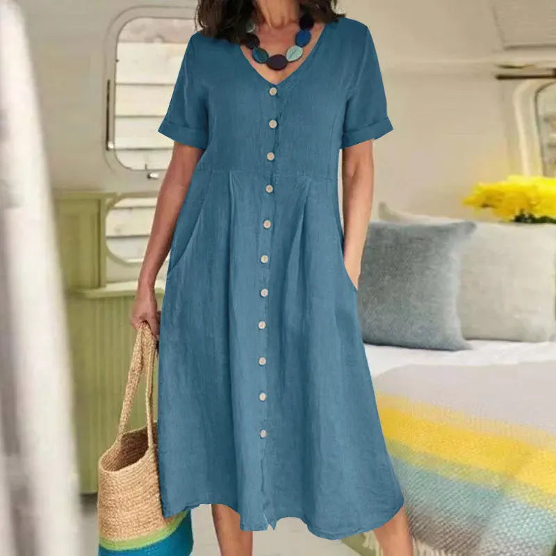 Women's Clothing Summer Casual V Neck Short Sleeve Cotton Linen Midi Dress Solid Loose High Waist Elegant Party Dresses Vestidos