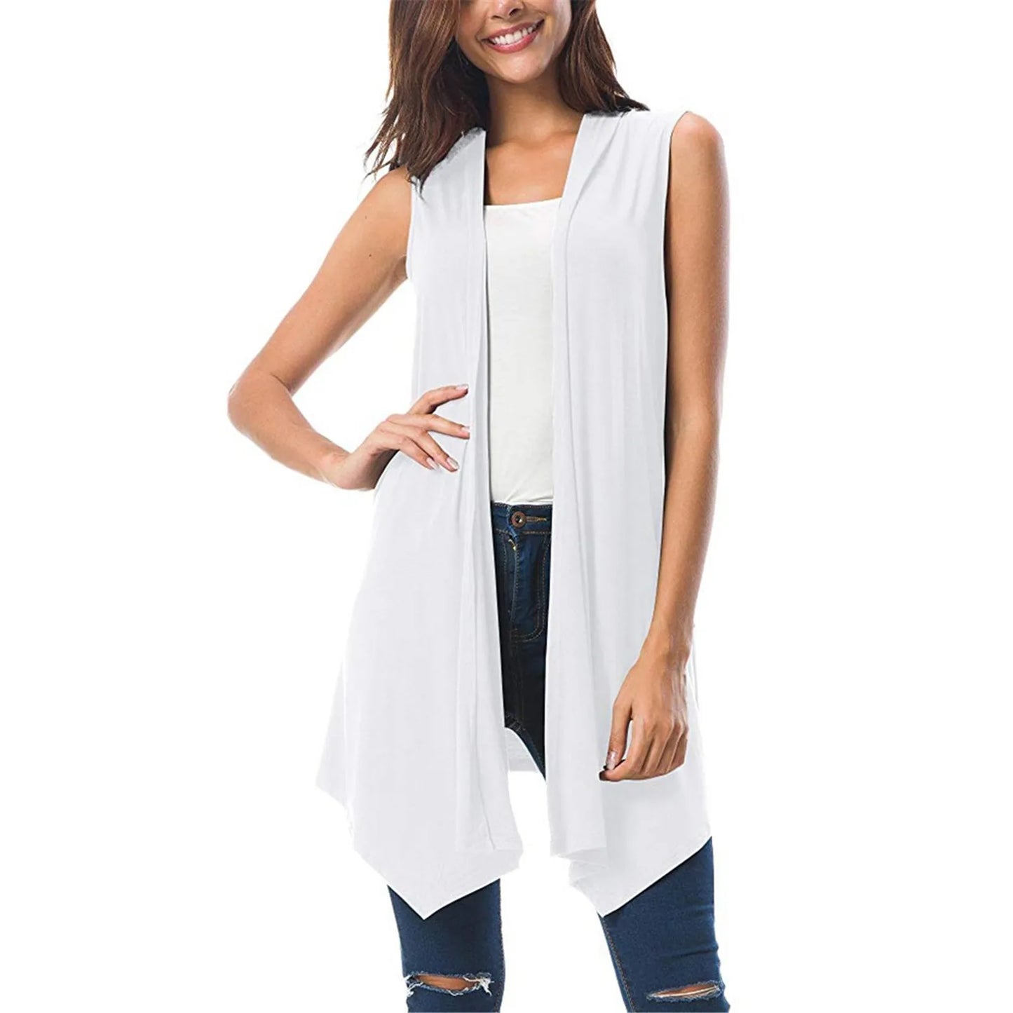 Women's Sleeveless Draped Open Front Cardigan Vest Asymmetric Hem Tops Ladies Casual Loose Vintage Long Cardigans Female Clothes