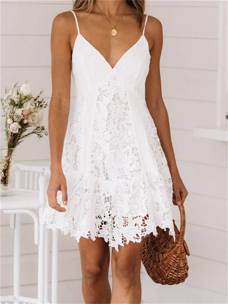 2023 Summer Bohemian White Dress Women Sleeveless Deep V Neck Lace Ruffle A-line Dress Fairycore Chic Casual Dresses Female