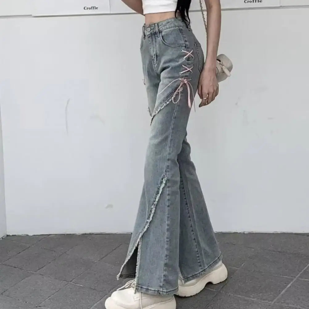 High-waisted Denim Jeans Trendy Women's Hip Hop Flared Jeans with Ripped Split Hem High Waist Button Closure Stylish for A