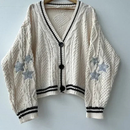 Autumn Y2k Star Embroidered Handmade Knitted Folklore Cardigan Women Winter Cotton Beige Loose Fit Long Holiday Cardigan Women