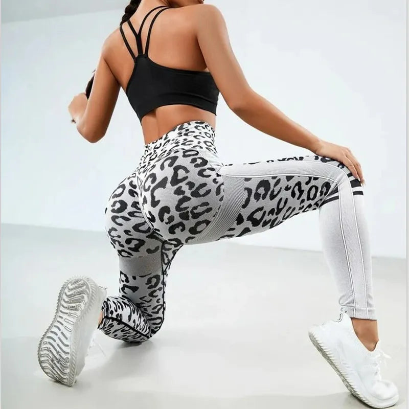 Women Leopard Seamless Yoga Pants High Waist Lifting Hip Honey Peach Hip Fitness Pants Yoga Suit Tight Running Sports Pants Sri sampi