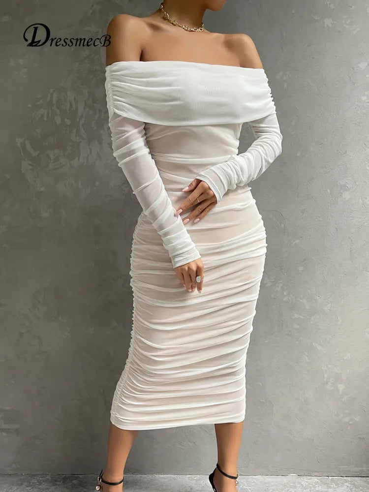 Dressmecb Solid Mesh White Midi Dresses Women Clothing Off Shoulder Long Sleeves Autumn Dress Backless Ruched Sexy Party Vestido