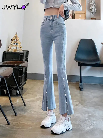 Korean Chic Slit Pearl Buttons Tassel Flare Jeans Women Fashion Slim Stretch Ankle-length Streetwear Women Pants New Women Pants