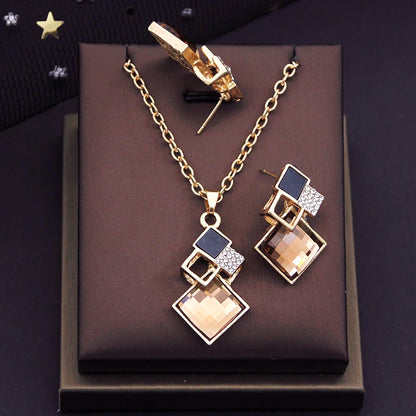 Geometric Square Crystal Jewelry Sets for Women Earrings Pendants Necklace Sets Fashion Accessories