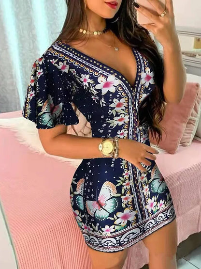 Summer Elegant Floral Print Bodycon Mini Dress Women 2023 Fashion Sexy Deep V-neck Package Hip Dresess Office Lady Party Dress