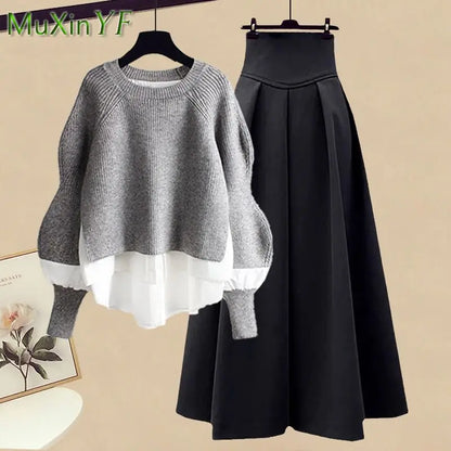 2023 Autumn/Winter New Korean Elegant Splice Fake Two Piece Knitted Sweater Dress Matching Set Women's Chic Pullover Skirt Set