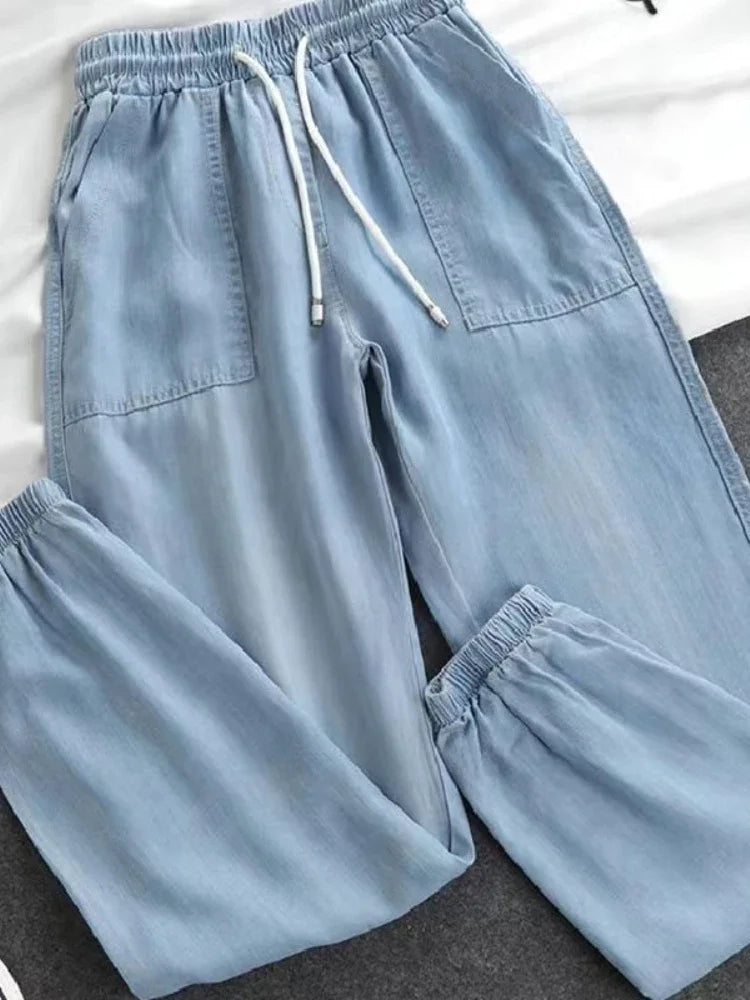 Women Pants Summer New 2023 LOOSE Lace-up Thin High Elastic Woman Jeans Oversize Trousers Soft Cool Female Casual Denim Pants - Sri sampi