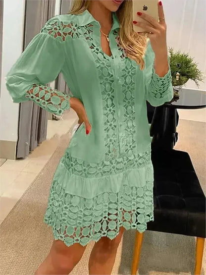 Women Lace Stitching Sexy Hollow Out Shirt Dress Elegant Office Lady Dress 2024 Spring Casual Long Sleeve White Green Dresses Sri sampi