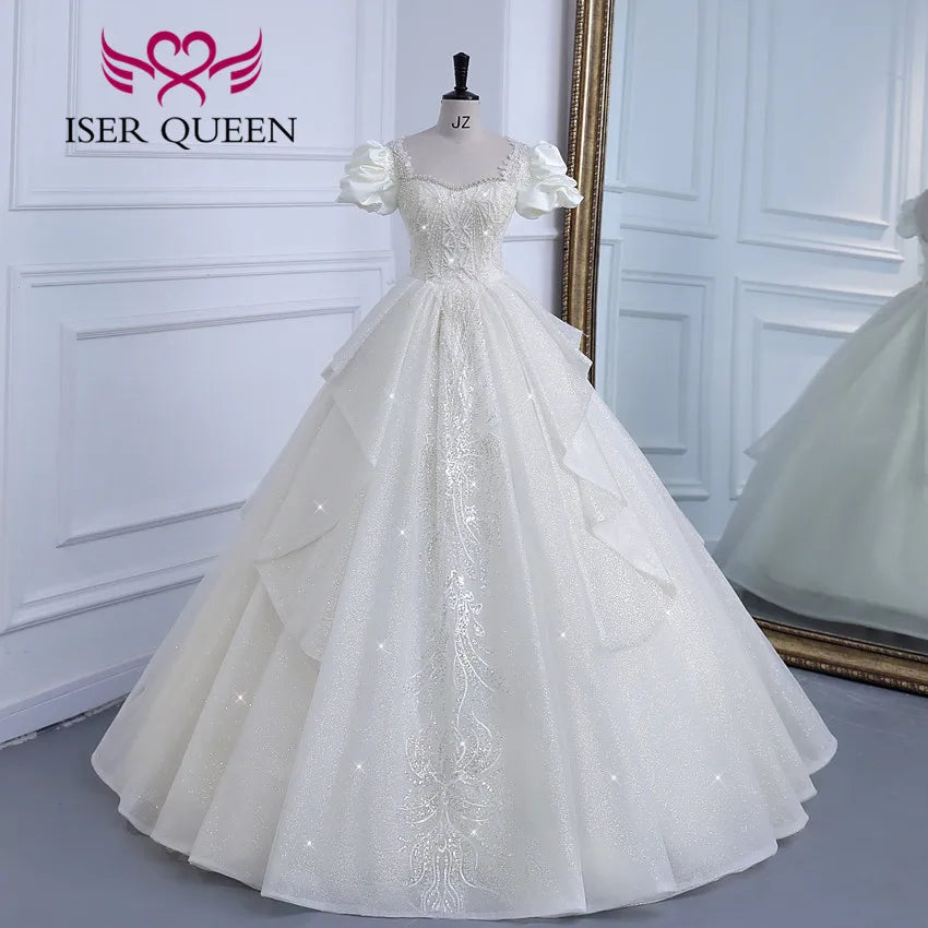 Customized Short Puff Sleeves Princess Wedding Dresses Europe Style 2024 New Gilter Tulle Quality Wedding Gown For Bride WX0308