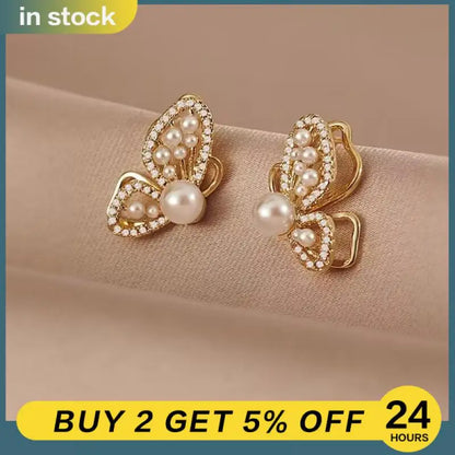 Pearl Crystal Earrings For Women Luxury Zircon Flower Butterfly Heart Girl Stud Earrings Party Fashion Jewelry Korean Earrings