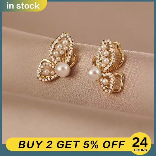 Pearl Crystal Earrings For Women Luxury Zircon Flower Butterfly Heart Girl Stud Earrings Party Fashion Jewelry Korean Earrings