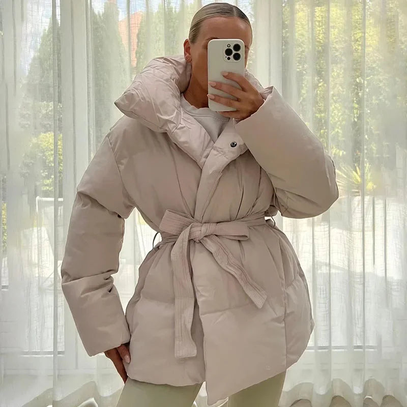 Fandy Lokar Winter Stand Collar Parkas Women Fashion Tie Waist Short Coats Women Elegant New Solid Puffer Jackets Female Ladies