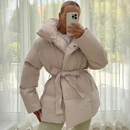 Fandy Lokar Winter Stand Collar Parkas Women Fashion Tie Waist Short Coats Women Elegant New Solid Puffer Jackets Female Ladies