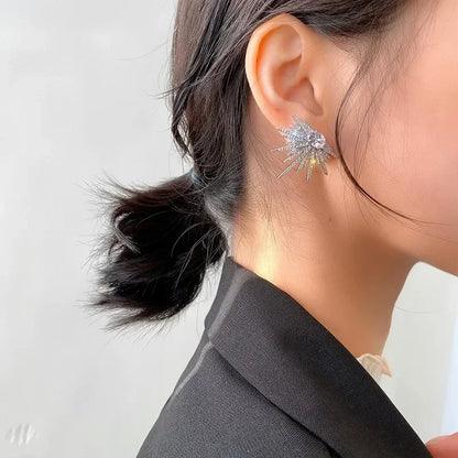 Silver Color Big Plant Luxury Stud Earrings with Bling Zircon Stone for Women Fashion Jewelry Korean Earring Wedding Party Gift