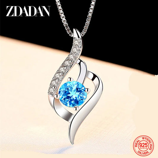 ZDADAN 925 Silver Blue Crystal Necklace Chain For Women Wedding Jewelry