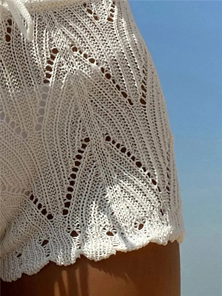 Hollow Out Drawstring Elastic Waist Crochet Knit Swim Shorts Women Summer Sexy Beach Holiday Cover Up Shorts 2023