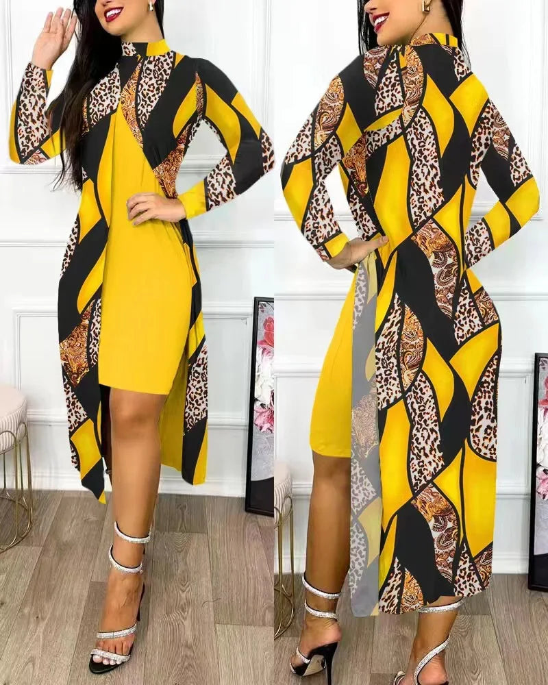 Women's Printed Slit Dress High Neck High Waist Hollow Long Sleeve Fashion Loose Casual Sexy Slit Asymmetrical Office Clothing