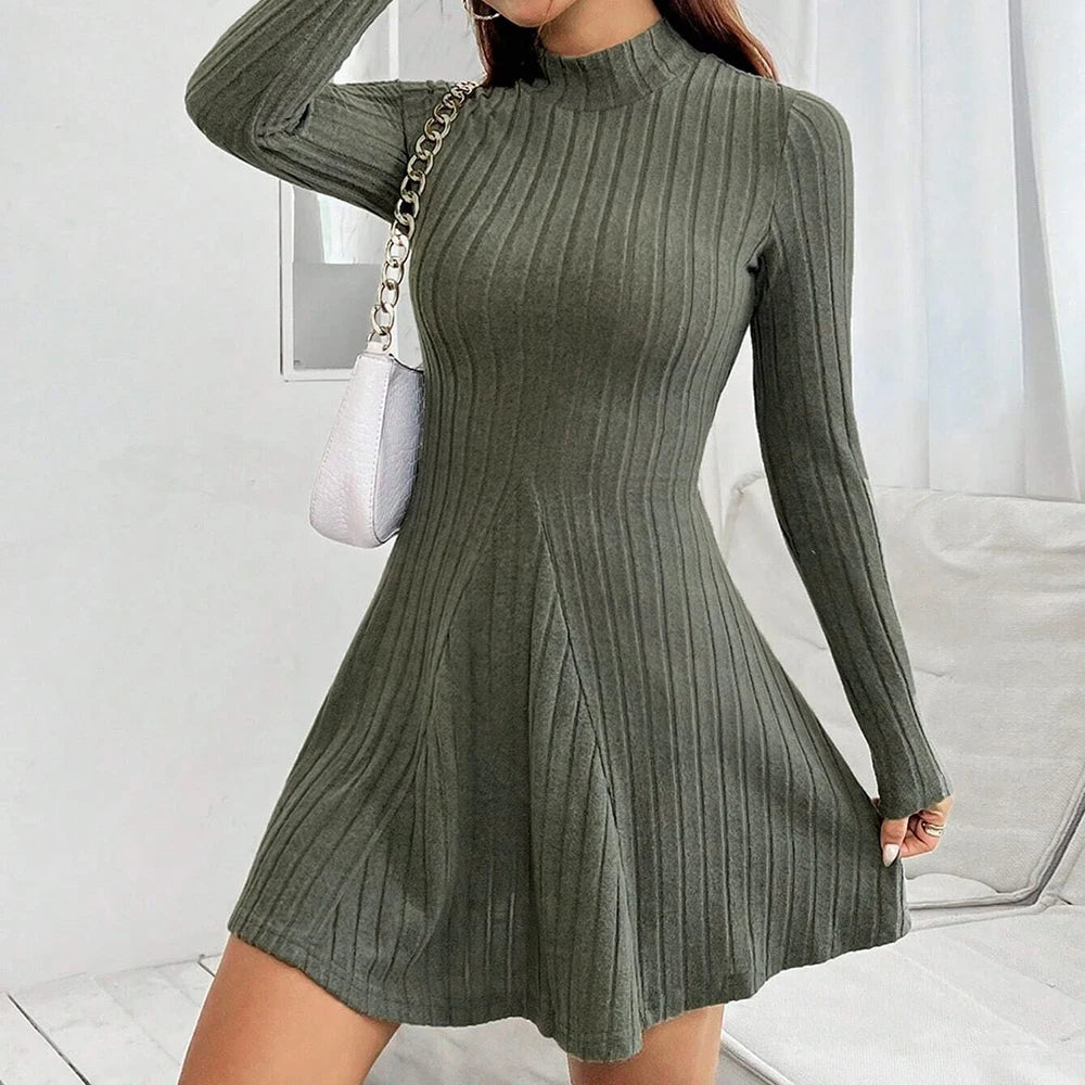 Mia Muse Women's Dresses Autumn Winter Korean Simple Solid Color Long Sleeve High-Neck Mini Wrap Casual Dresses