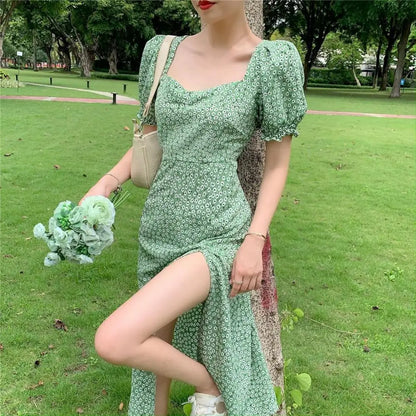 Women Summer Dress Bubble Sleeves High Split Loose Hem Square Neck Flower Print Shirring Tight Waist Midi Dress Female Clothes