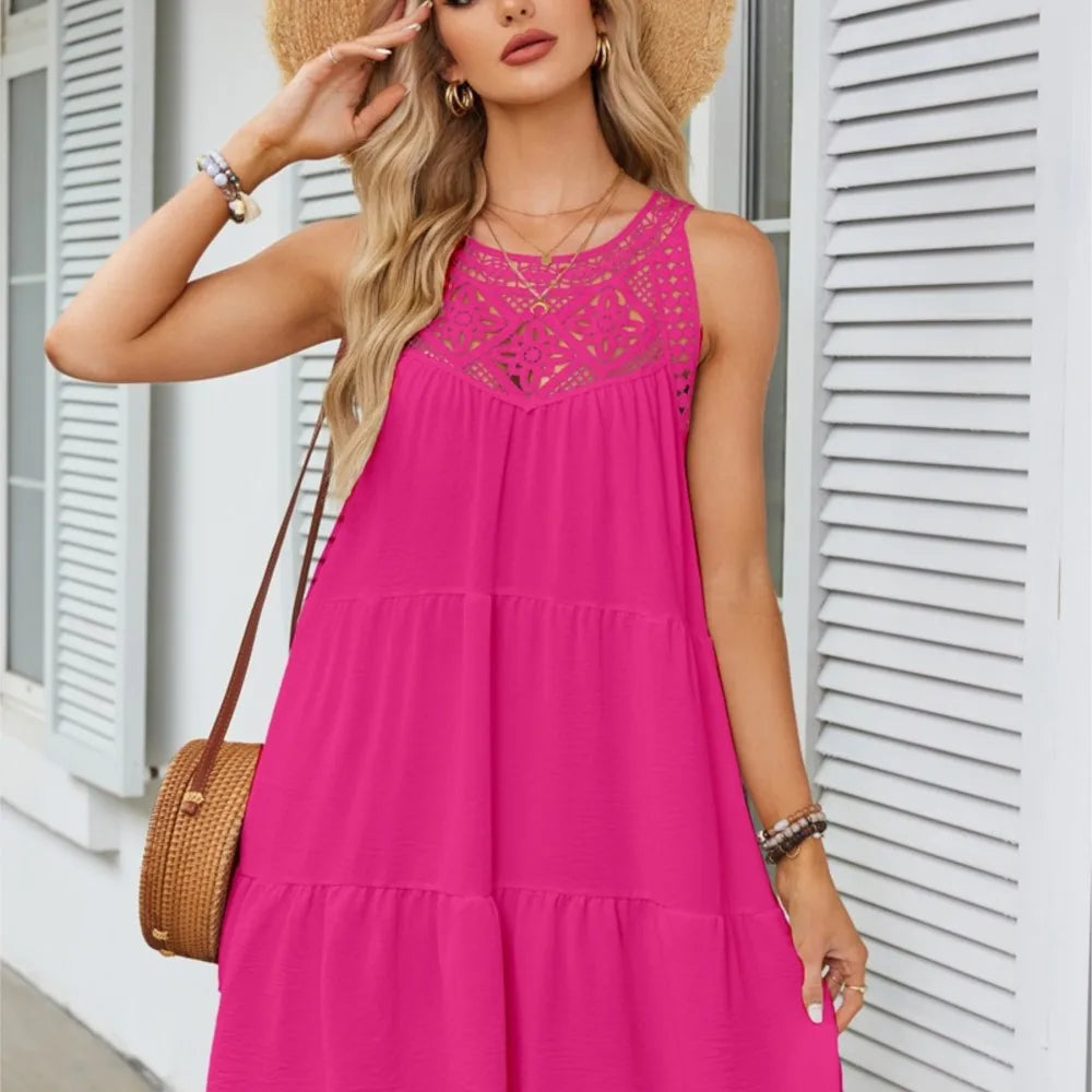 Fashion Sexy Hollow Lace Patchwork Halter Neck Women A Line Dress Summer Casual Solid Color Loose Beach Holiday Female Sundress