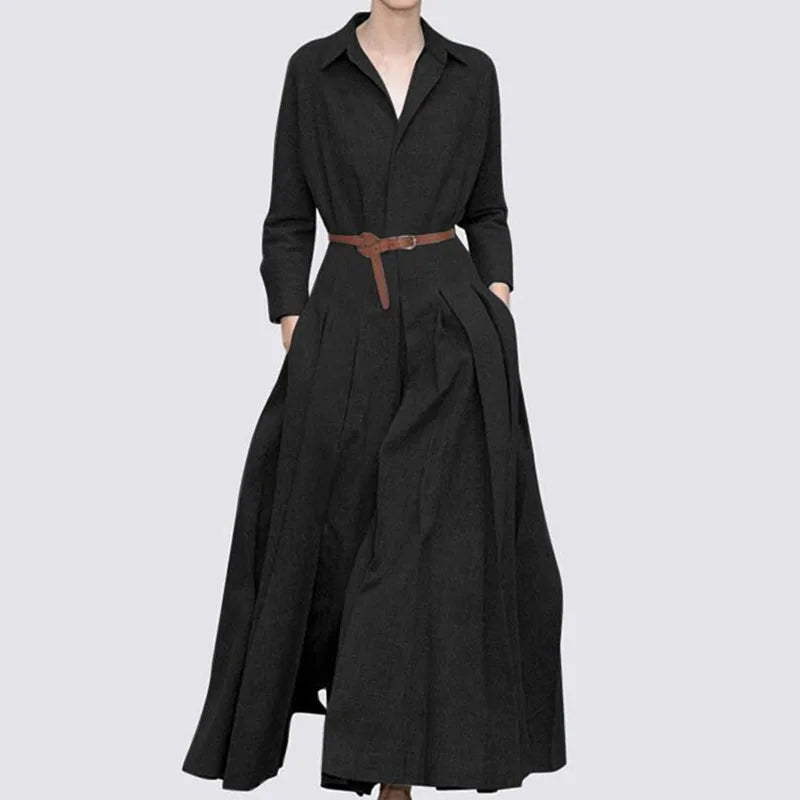 L-5XL 2022 New Solid Color Dress Lapel Casual Spring Autumn Autumn Beltless Loose Plus Size Linen Dress Coa Party Dresses