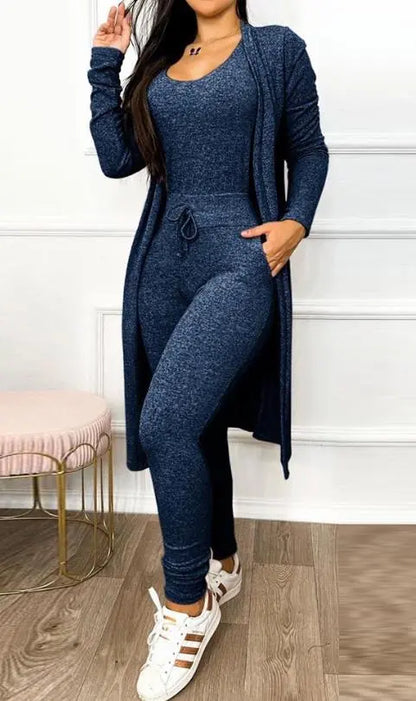 Two Piece Set Women Outfit 2023 Spring Fashion Drawstring Pocket Design U-Neck Sleeveless Skinny Jumpsuit & Long Sleeve Coat Set