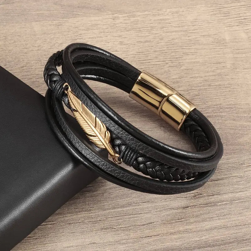 Classic multi-layered leather feather metal buckle bracelet men\\'s business casual party jewelry gifts wholesale