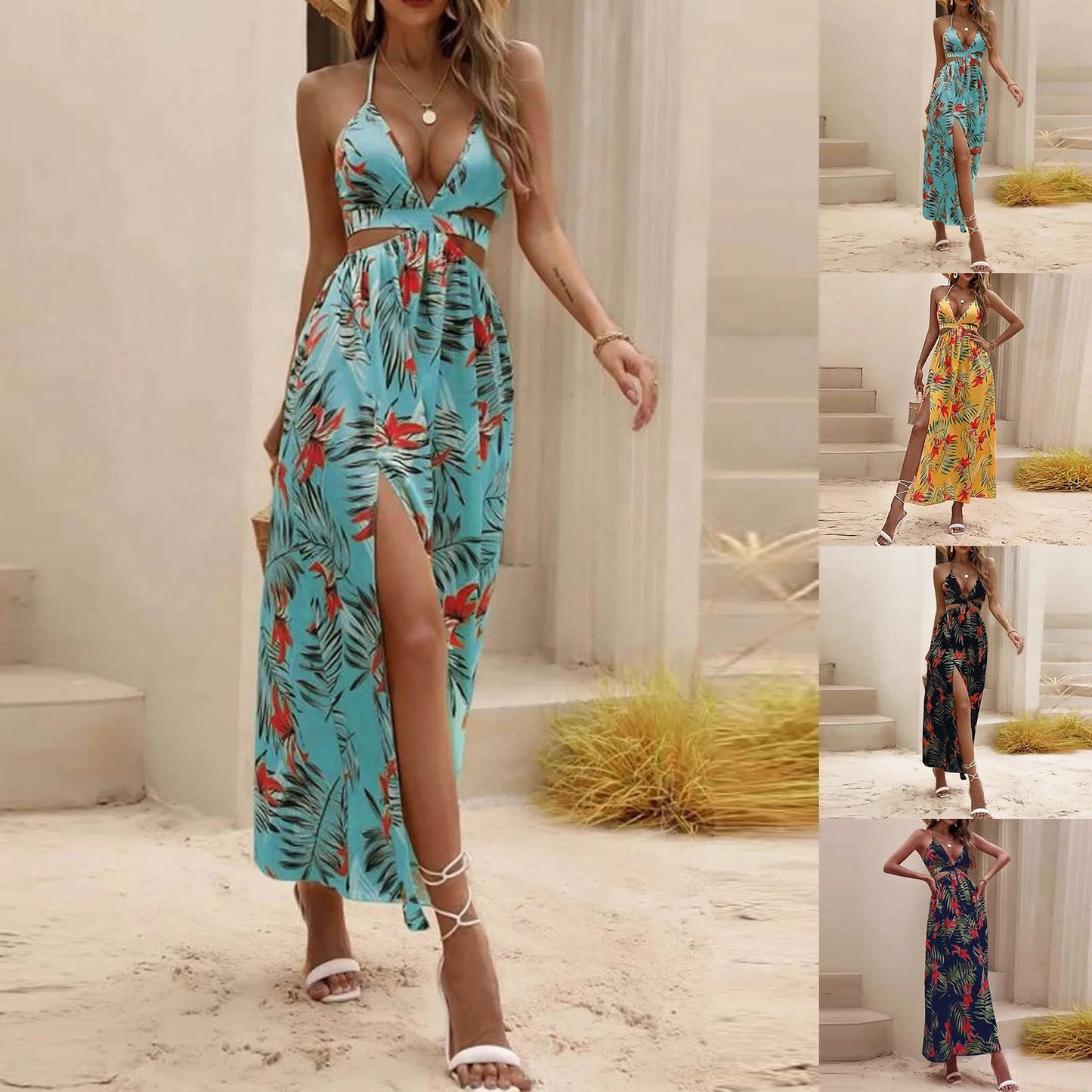 Summer Dresses For Women 2023 Sexy Split Long Dresses Beach Floral Dress Open Back Bow Knot Open Collar Slit Dress Vestidos