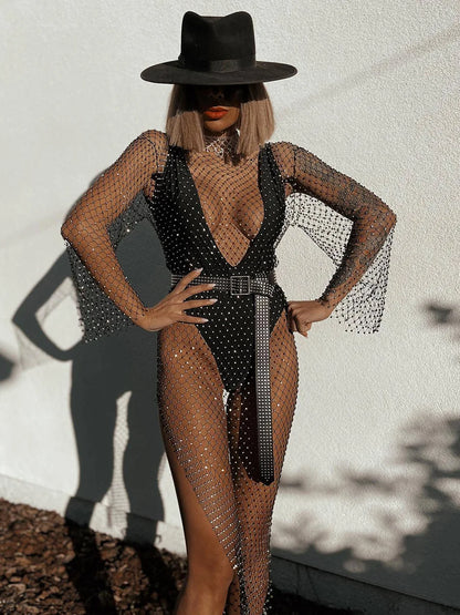 Y2K Sexy Shiny Rhinestones Grid Fishnet Dress Long Sleeve Hollow Out Side Slit Dress Beach Cover Up Breathable Lady Dresses