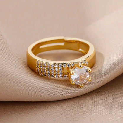 Stainless Steel Round Rings For Women Zircon Geometric Gold Color Crystal Ring Aesthetic Wedding Party Jewerly Gift Bague Femme