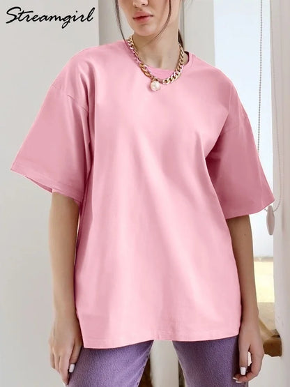 240g Summer Basic Loose Tshirts Women Oversized Solid O Neck Cotton Tops Tees Woman T-shirt 2024 Dropped Shoulder T Shirt Women - Sri sampi