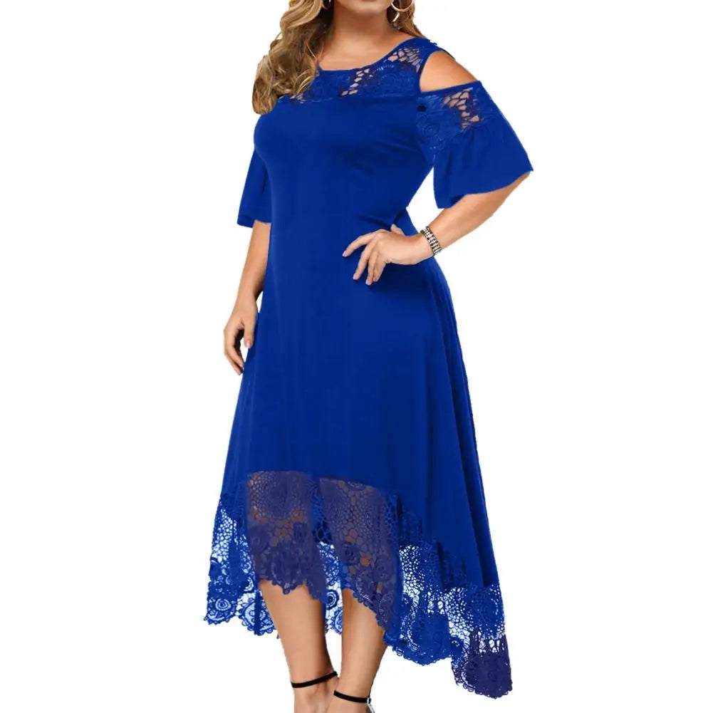 Plus Size Women Dress Flare Short Sleeve Cold Shoulder Embroidery Elegant Dress Party Lace Patchwork High-low Hem Dress Summer