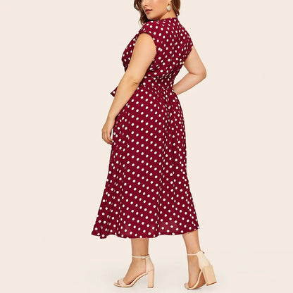 Plus Size Dresses Women Elegant Dot Print Casual Black Midi Dress Woman V-Neck Button Summer Vestidos Outfits 4XL 5XL