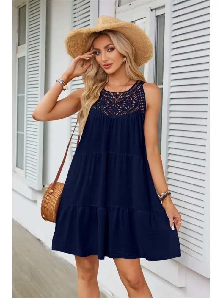 Fashion Sexy Hollow Lace Patchwork Halter Neck Women A Line Dress Summer Casual Solid Color Loose Beach Holiday Female Sundress