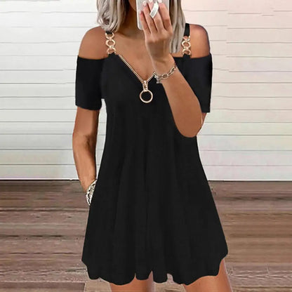 Plus Size Zipper V-Neck Short Sleeve Metal Shoulder Strap Pleated Hem A-Line Mini Dress Women Casual Cold Shoulder Swing Dress