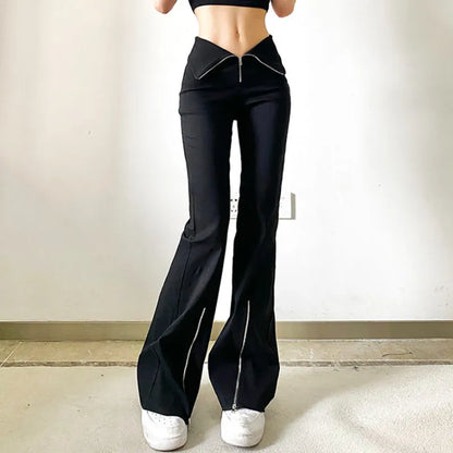 Black Flare Pants Women Zipper Skinny Y2k Streetwear Punk Casual Fashion